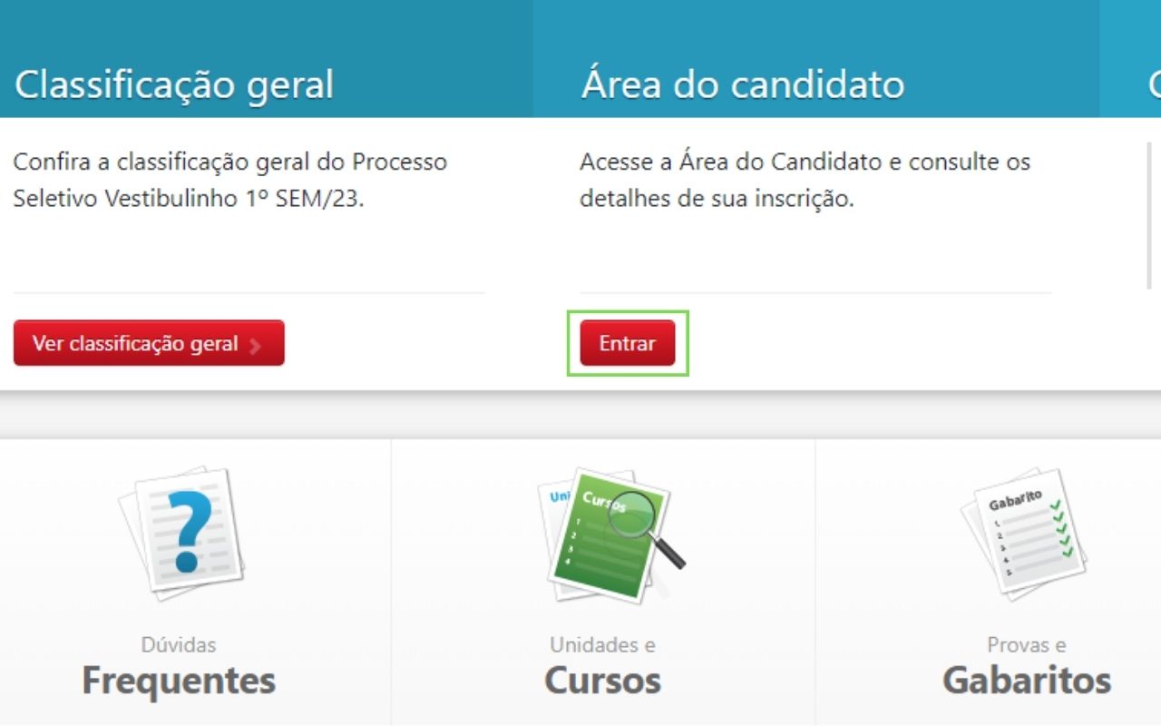 Página para acessar a área do candidato e Cursos ETEC 2024